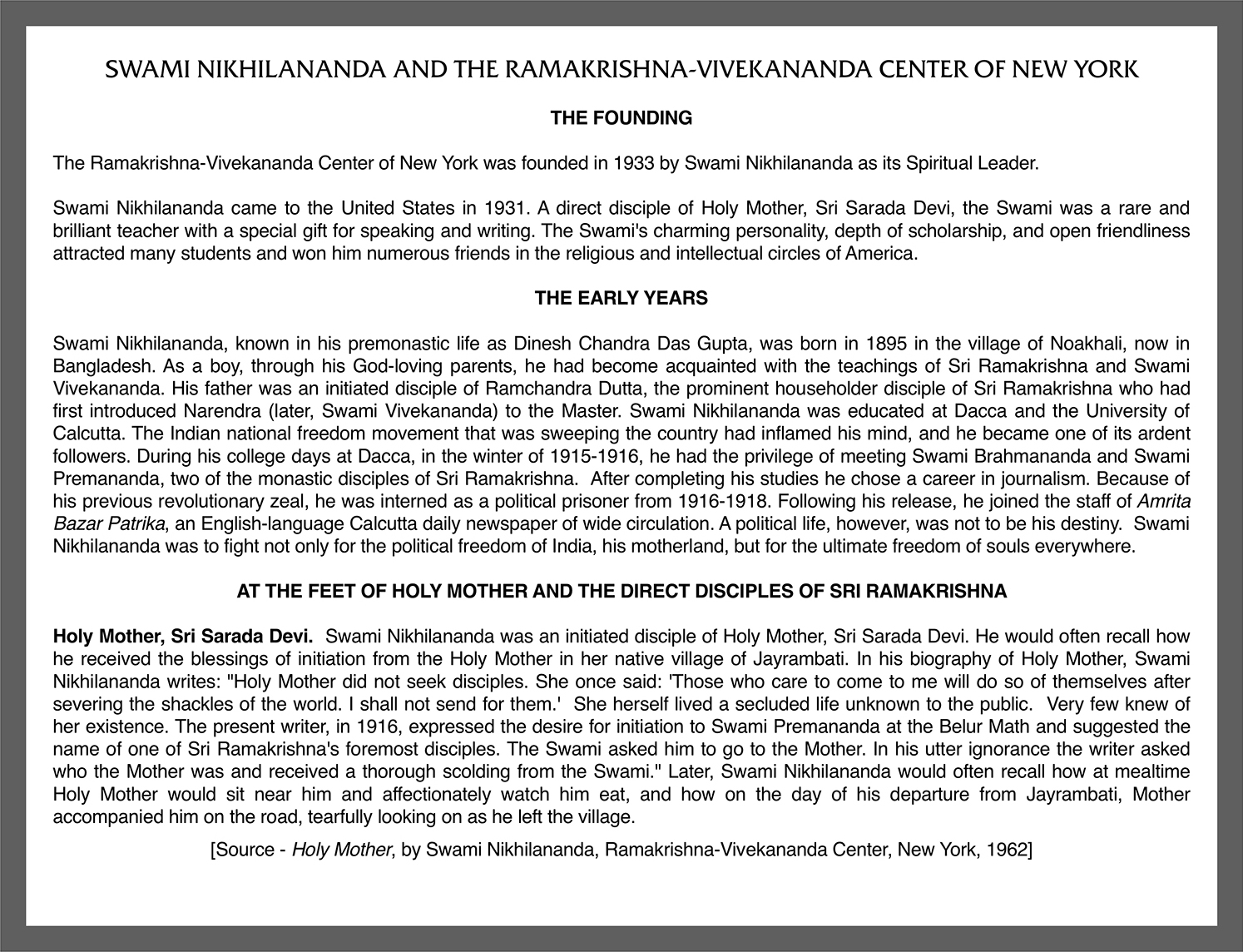 Swami Nikhilananda and the Ramakrisha-Vivekananda Center of New York page 1.