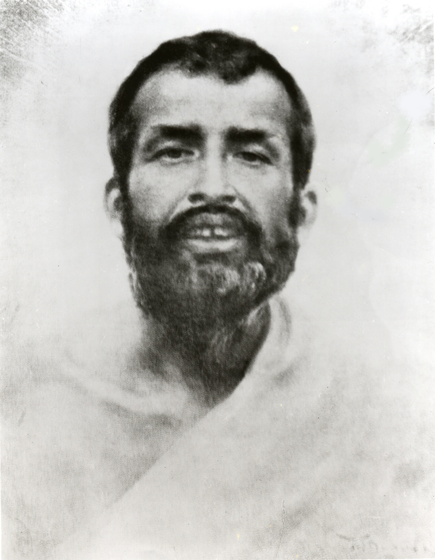 Black and white photo of Sri Ramakrishna, bust.