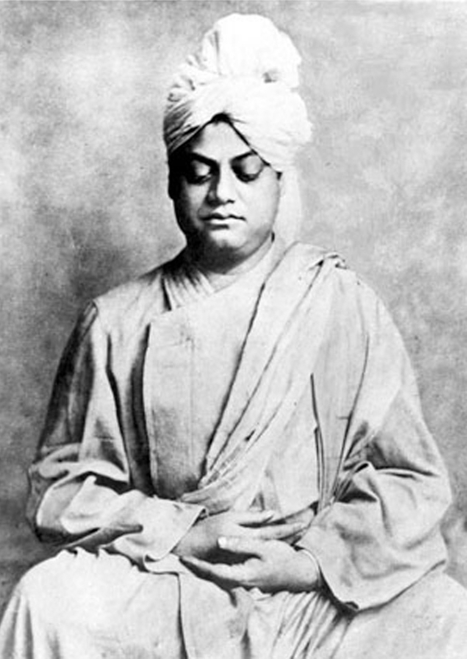 Black and white photo portrait of Swami Vivekananda.